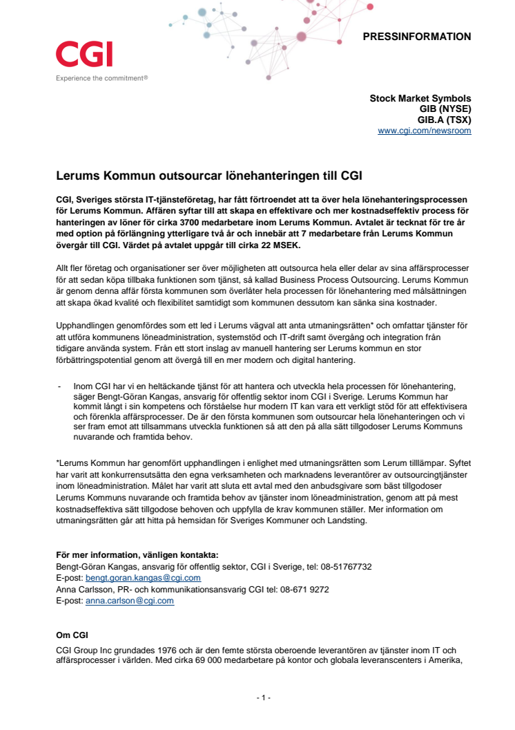 Lerums Kommun outsourcar lönehanteringen till CGI 
