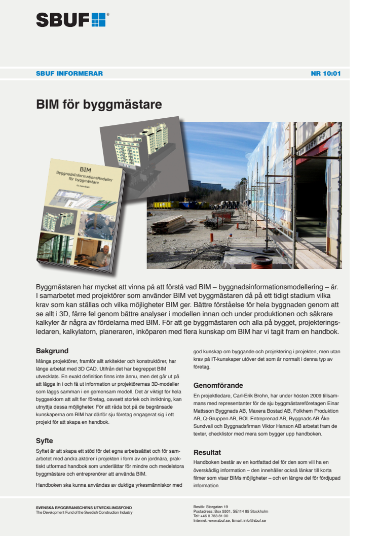 SBUF Informerar, nr. 10:01 - BIM för byggmästare