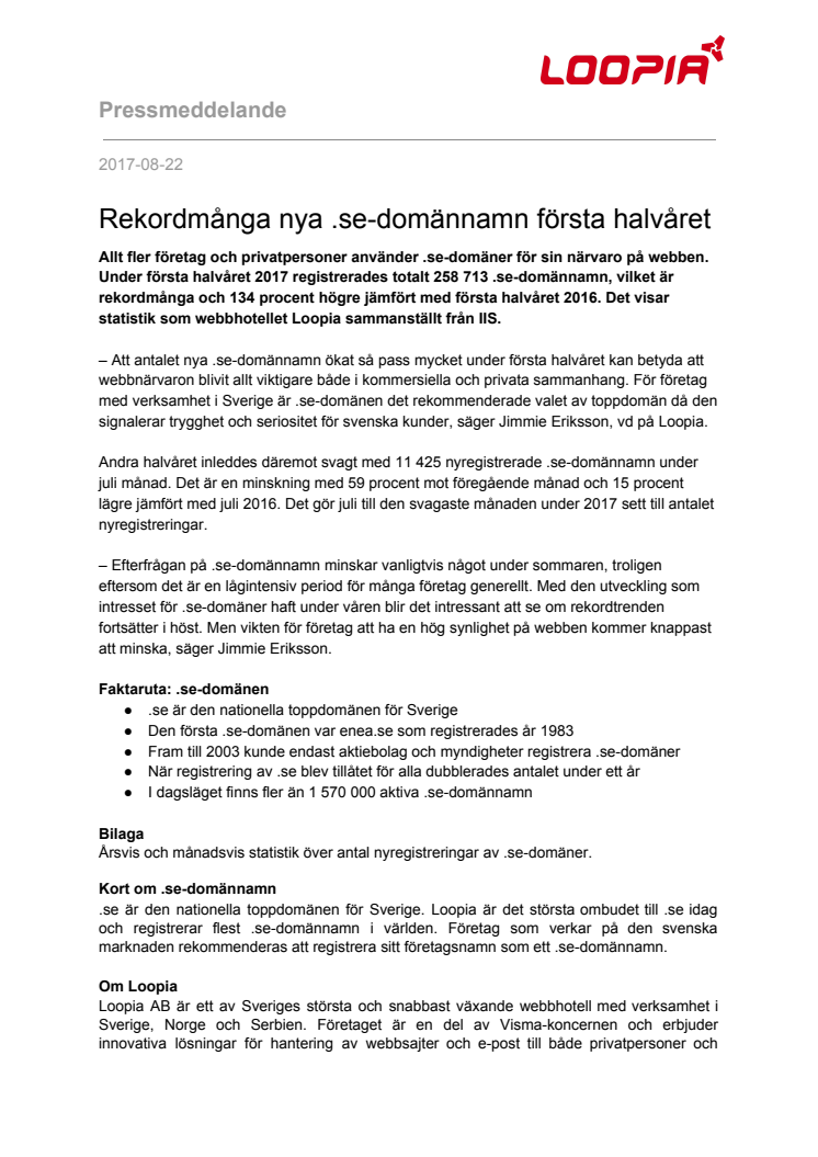 ​Rekordmånga nya .se-domännamn första halvåret