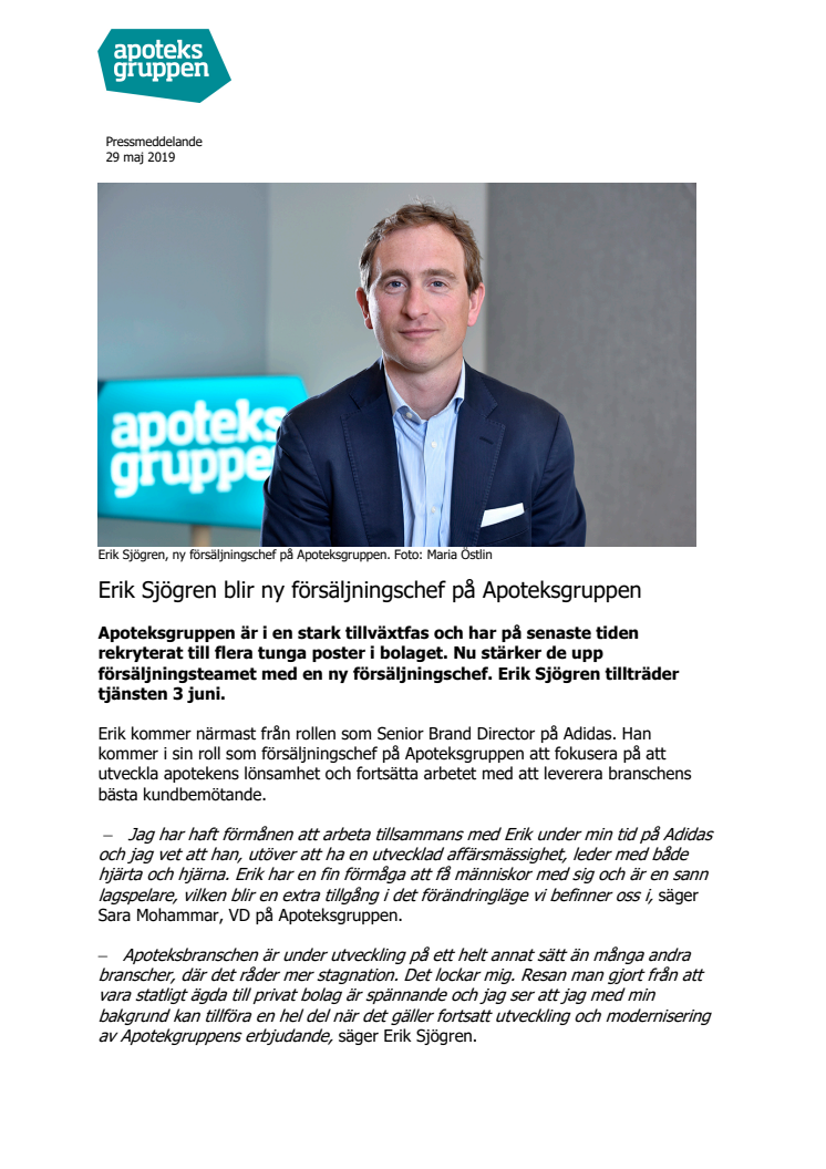 Erik Sjögren blir ny försäljningschef på Apoteksgruppen