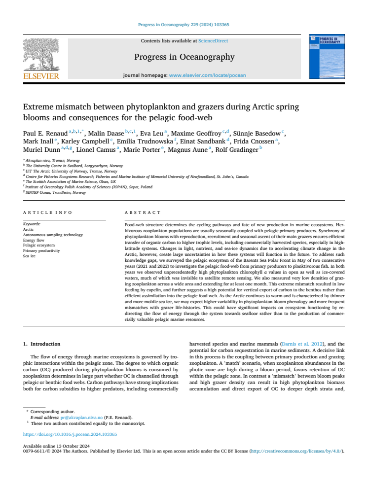 ARTICLE> Extreme mismatch between phytoplankton and grazers during Arctic spring blooms and consequences for the pelagic food-web