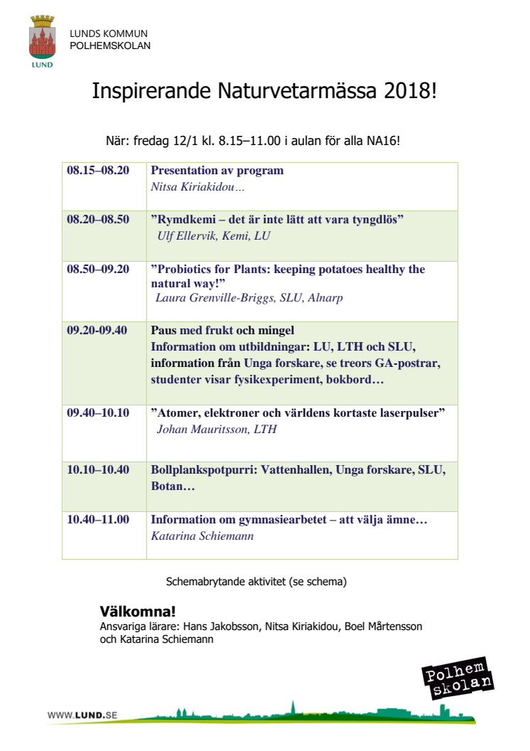 Program Naturvetarmässan Polhemskolan