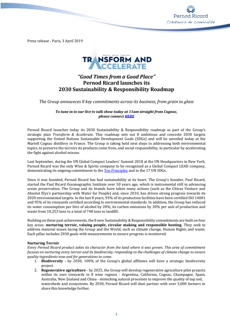 Press release: Pernod Ricard launches its 2030 Sustainability & Responsibility Roadmap