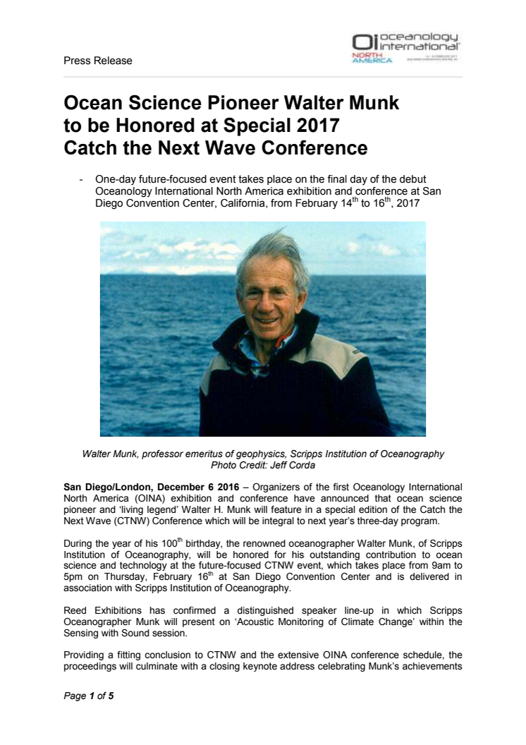 Ocean Science Pioneer Walter Munk to be Honored at Special 2017 Catch the Next Wave Conference