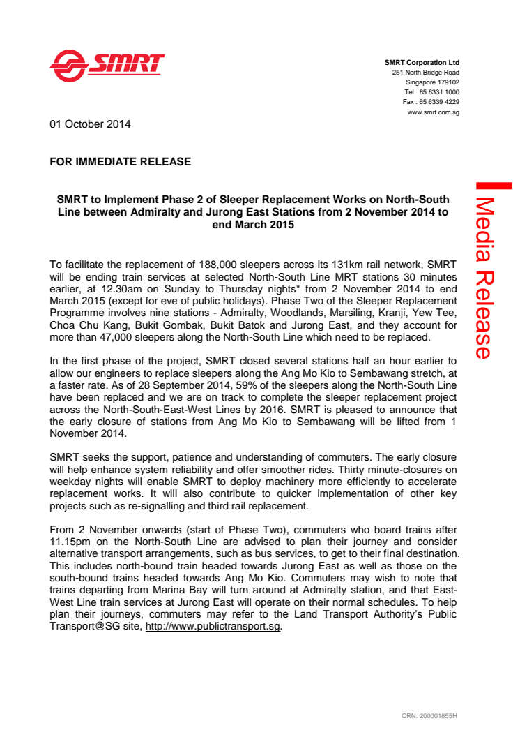 SMRT to Implement Phase 2 of Sleeper Replacement Works on North-South Line between Admiralty and Jurong East Stations from 2 November 2014 to end March 2015