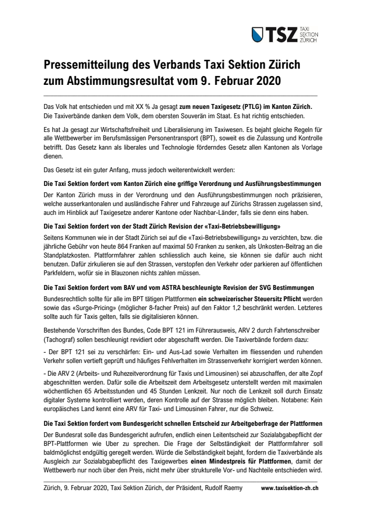 Pressemitteilung der TSZ, Taxi Sektion Zürich zum Taxigesetz PTLG