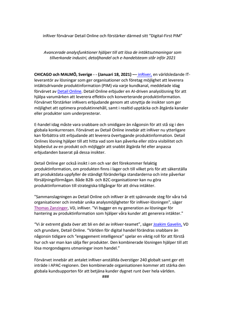 inRiver förvärvar Detail Online och förstärker därmed sitt “Digital-First PIM” 