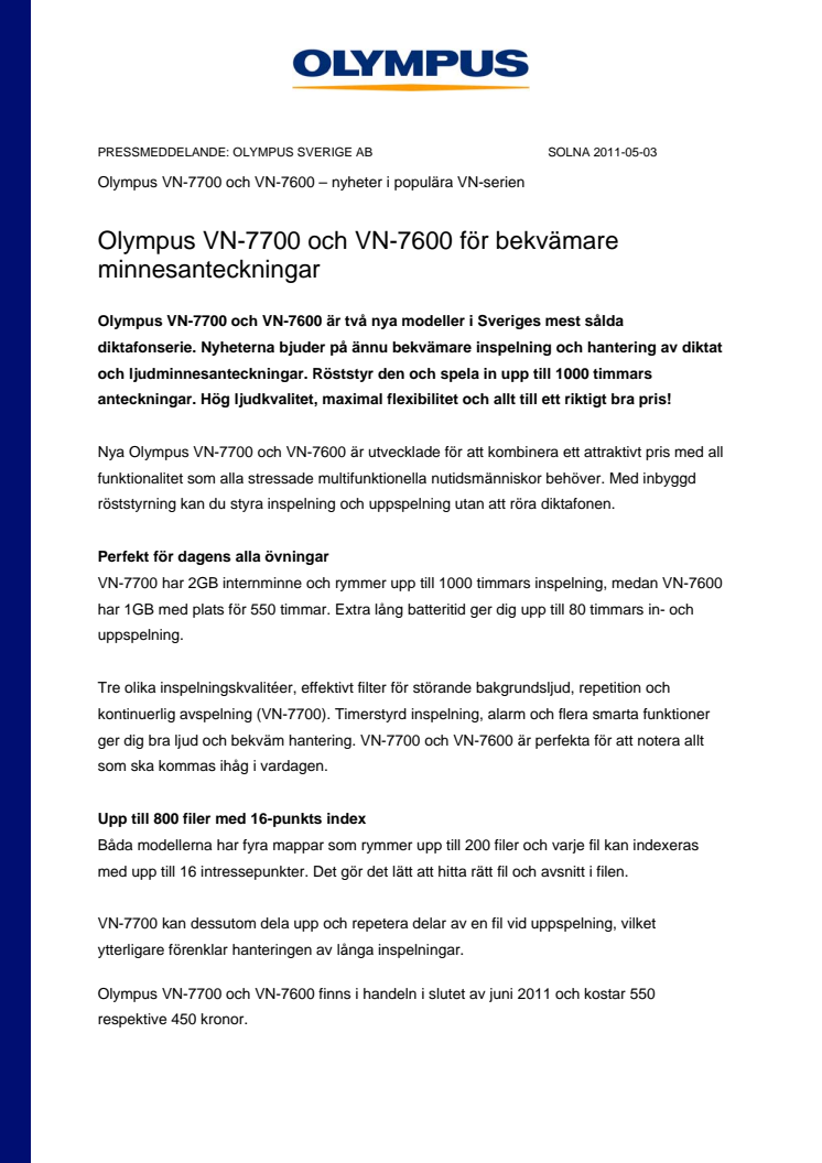 Olympus VN-7700 och VN-7600 för bekvämare minnesanteckningar