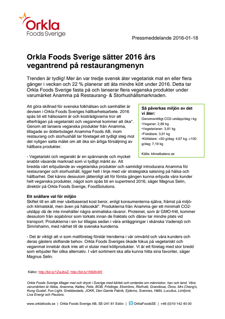 Orkla Foods Sverige sätter 2016 års vegantrend på restaurangmenyn