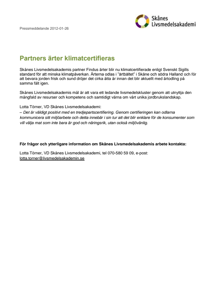 Partners ärter klimatcertifieras