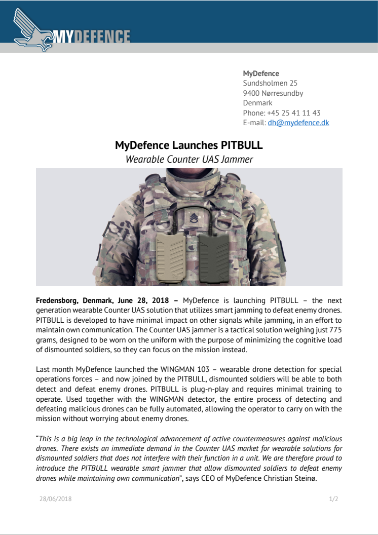 MyDefence Launches PITBULL - Wearable Counter UAS Jammer