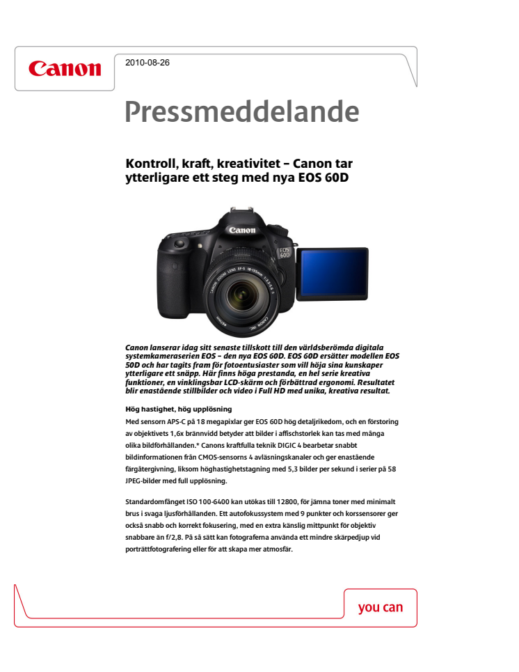 Kontroll, kraft, kreativitet – Canon tar ytterligare ett steg med nya EOS 60D 