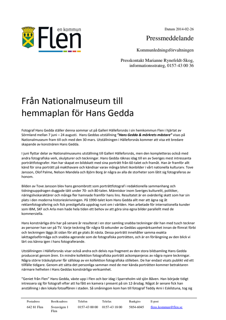 Från Nationalmuseum till hemmaplan för Hans Gedda