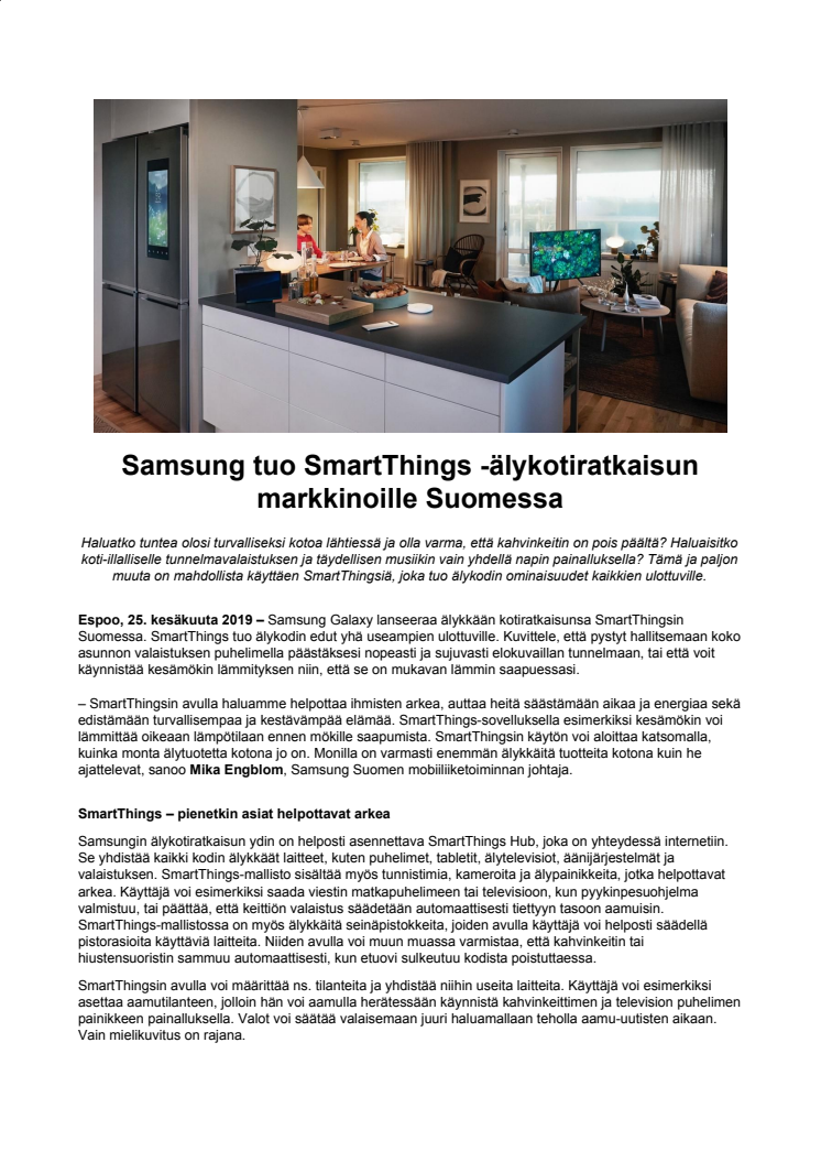 Samsung tuo SmartThings -älykotiratkaisun markkinoille Suomessa