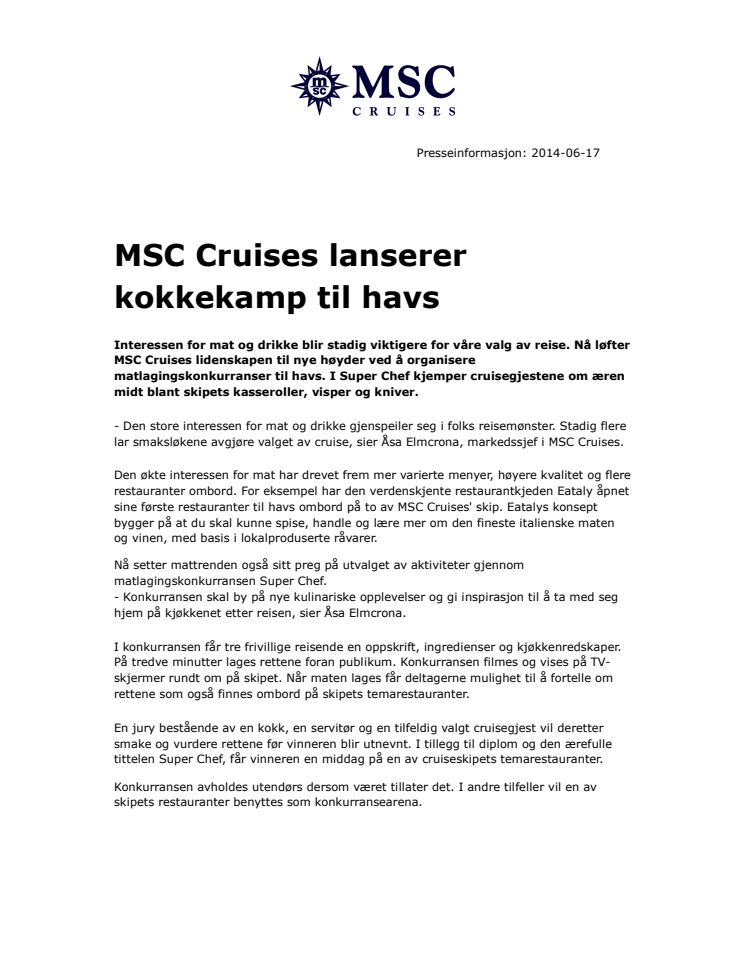 MSC Cruises lanserer kokkekamp til havs