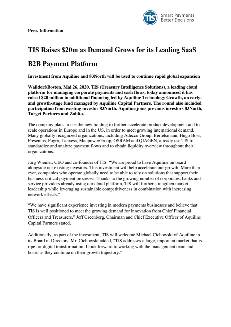 TIS Raises $20m as Demand Grows for its Leading SaaS B2B Payment Platform