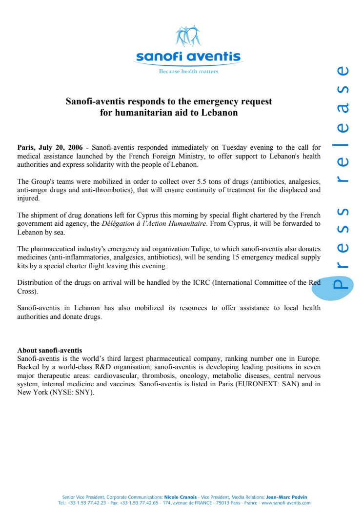 Sanofi-aventis responds to the emergency request for humanitarian aid to Lebanon