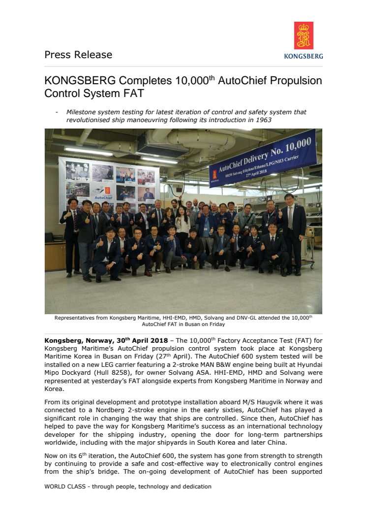 Kongsberg Maritime: KONGSBERG Completes 10,000th AutoChief Propulsion Control System FAT