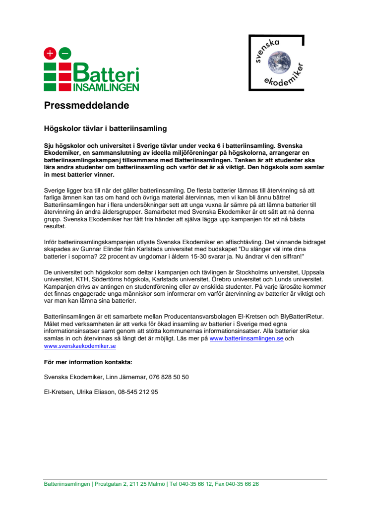 Högskolor tävlar i batteriinsamling
