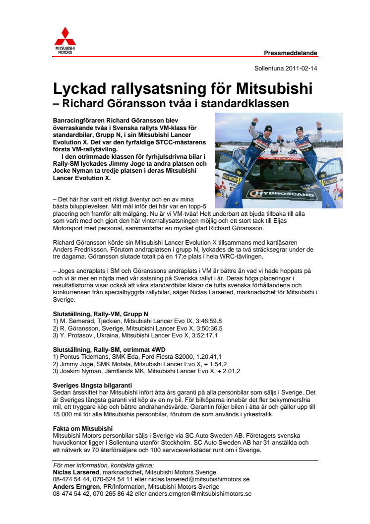 Lyckad rallysatsning för Mitsubishi –  Richard Göransson tvåa i standardklassen
