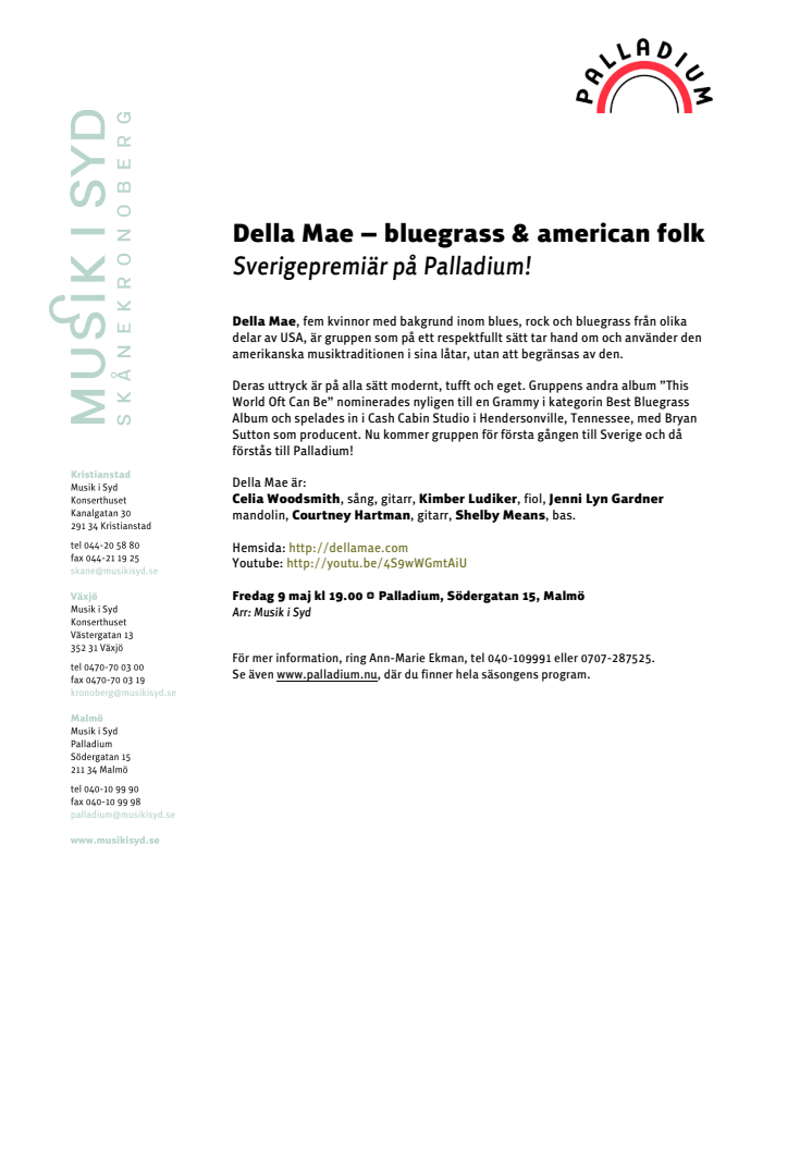Della Mae – bluegrass & american folk Sverigepremiär på Palladium 9 maj kl 19.00