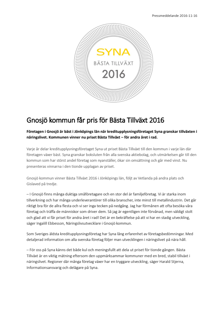 Gnosjö kommun får pris för Bästa Tillväxt 2016