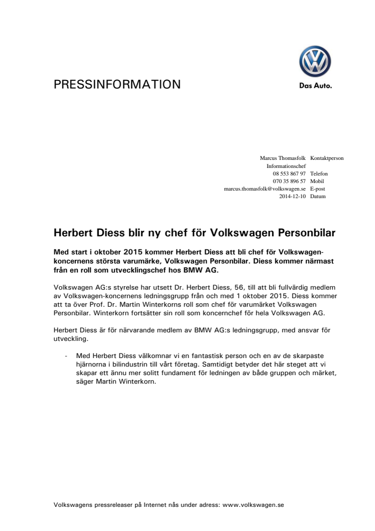 Herbert Diess blir ny chef för Volkswagen Personbilar