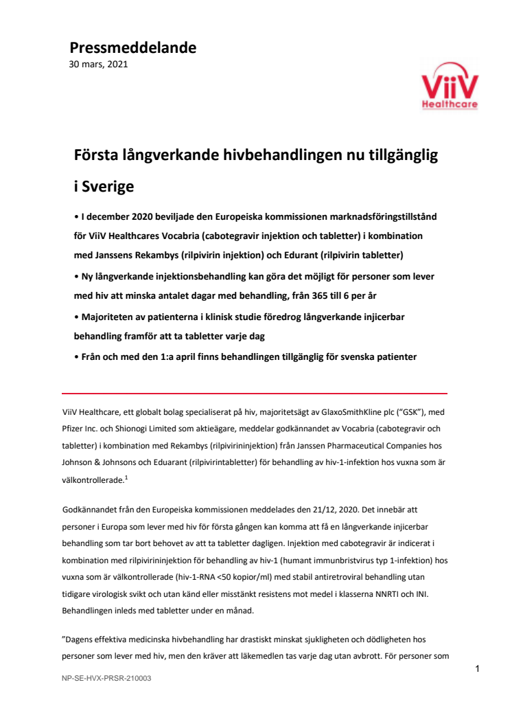 Pressmeddelande - Första långverkande hivbehandlingen nu tillgänglig Sverige