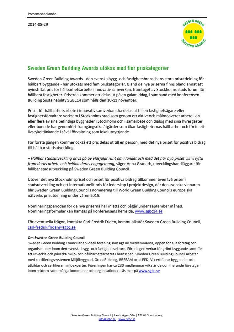 Sweden Green Building Awards utökas med fler priskategorier
