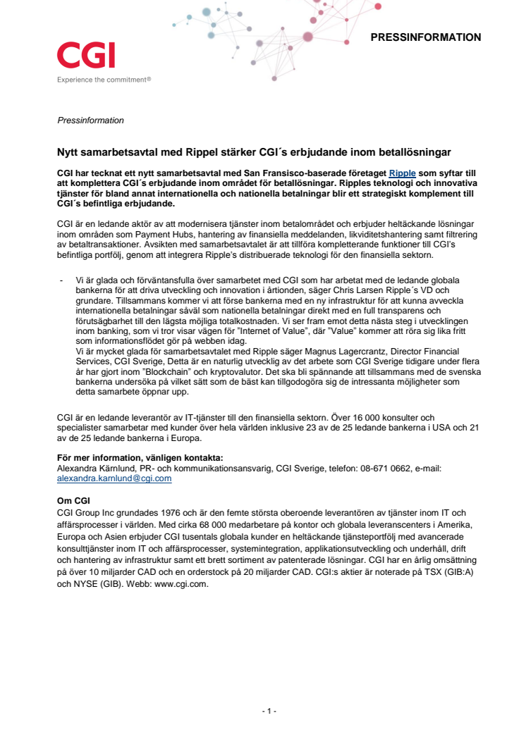 Nytt samarbetsavtal med Ripple stärker CGI´s erbjudande inom betallösningar