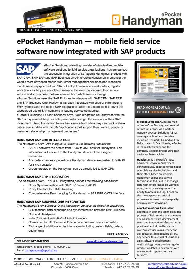 ePocket Handyman snart komplett med sin integration till SAP