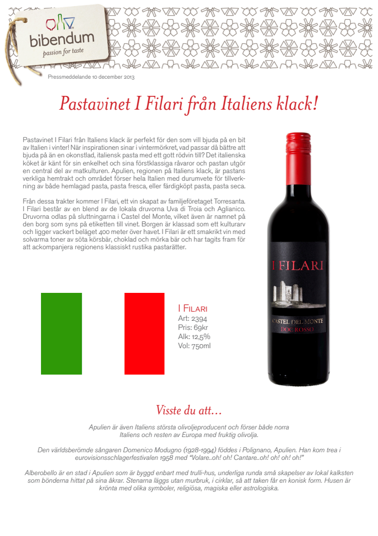 Pastavinet I Filari från Italiens klack!