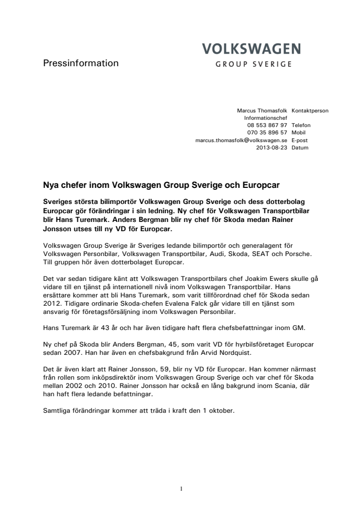 Nya chefer inom Volkswagen Group Sverige och Europcar