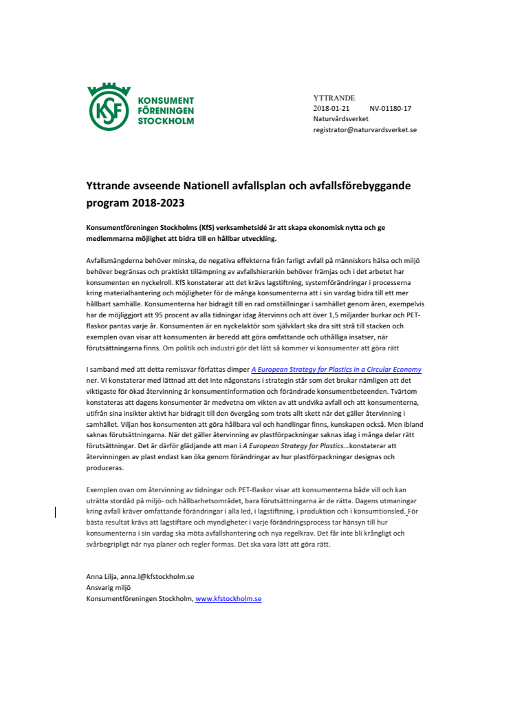 Yttrande avseende Nationell avfallsplan och avfallsförebyggande program 2018-2023	