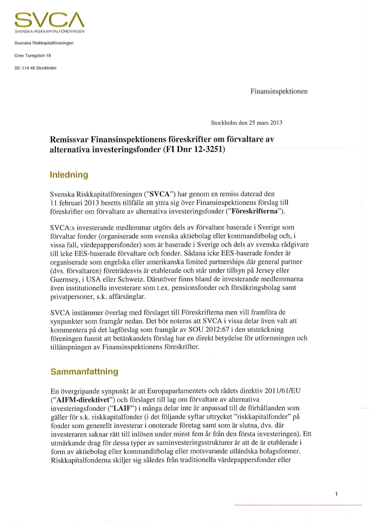 Remissyttrande Fi12-3251 Finansinspektionens föreskrifter om förvaltare av alternativa investeringsfonder