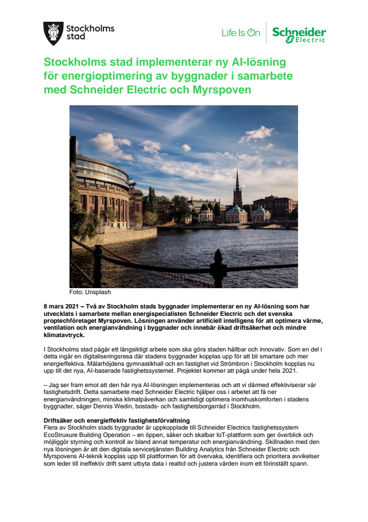 Stockholms stad implementerar ny AI-lösning för energioptimering av byggnader i samarbete med Schneider Electric och Myrspoven