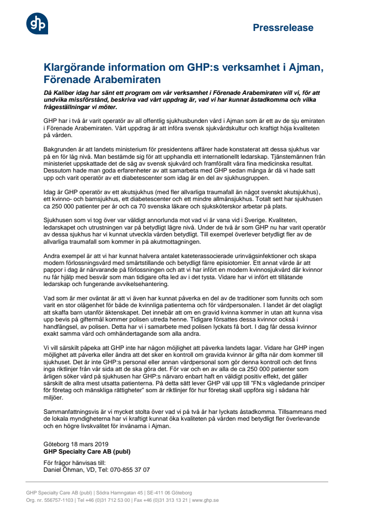 Klargörande information om GHP:s verksamhet i Ajman, Förenade Arabemiraten