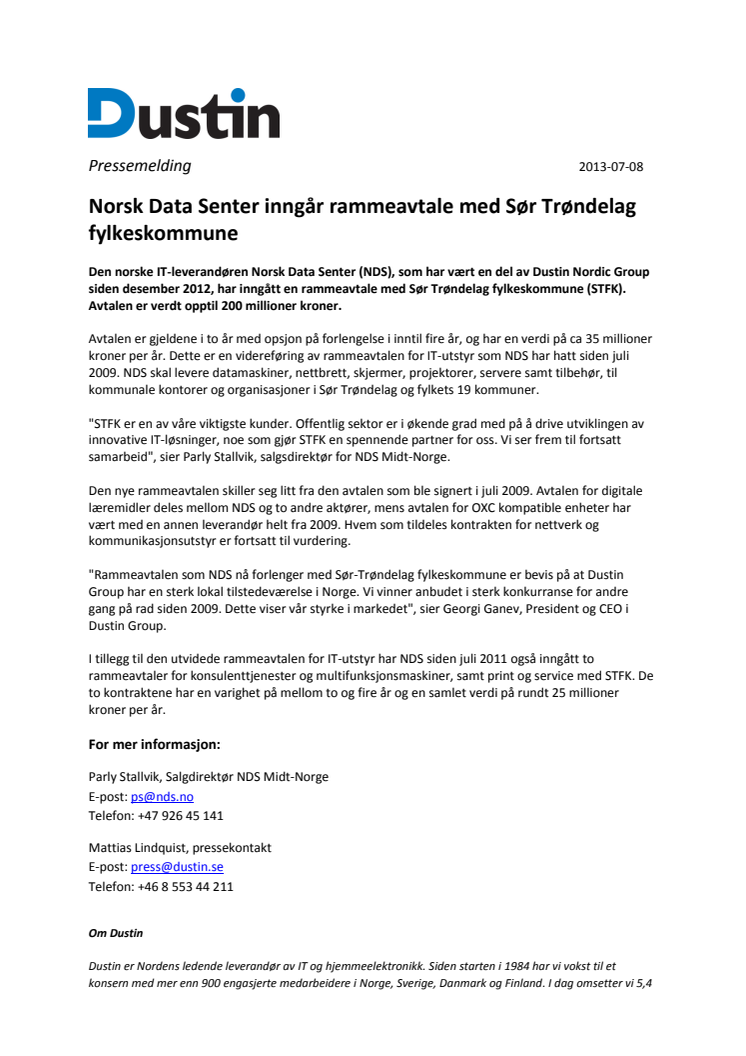Norsk Data Senter inngår rammeavtale med Sør Trøndelag fylkeskommune