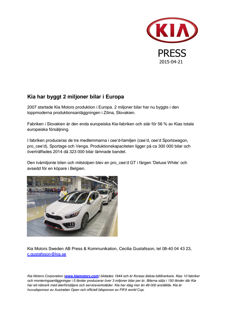 Kia har byggt 2 miljoner bilar i Europa