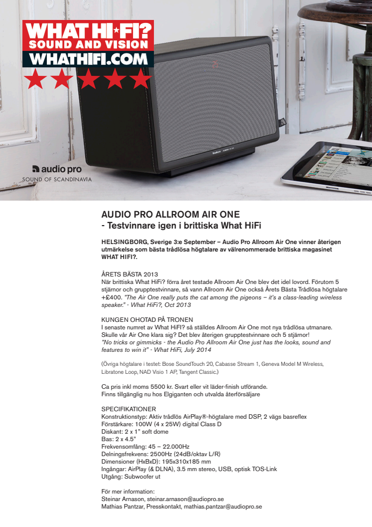 AUDIO PRO ALLROOM AIR ONE  - Testvinnare igen i brittiska What HiFi?!