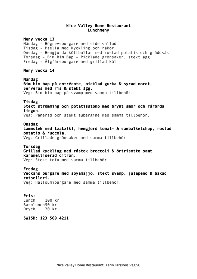 Lunchmeny för Nice Valley Home Restaurant