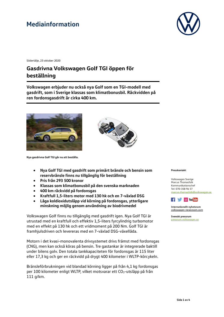 Gasdrivna Volkswagen Golf TGI öppen för beställning
