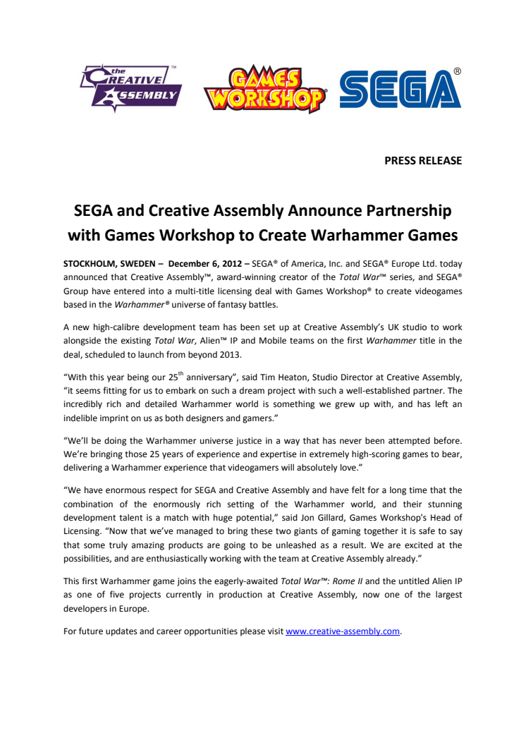 SEGA and Creative Assembly Announce Partnership with Games Workshop to Create Warhammer Games