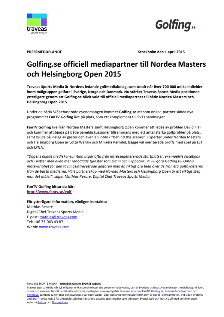 ​Golfing.se officiell mediapartner till Nordea Masters och Helsingborg Open 2015