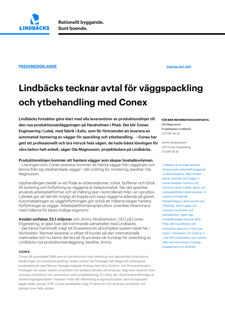 Lindbäcks tecknar avtal för väggspackling och ytbehandling med Conex