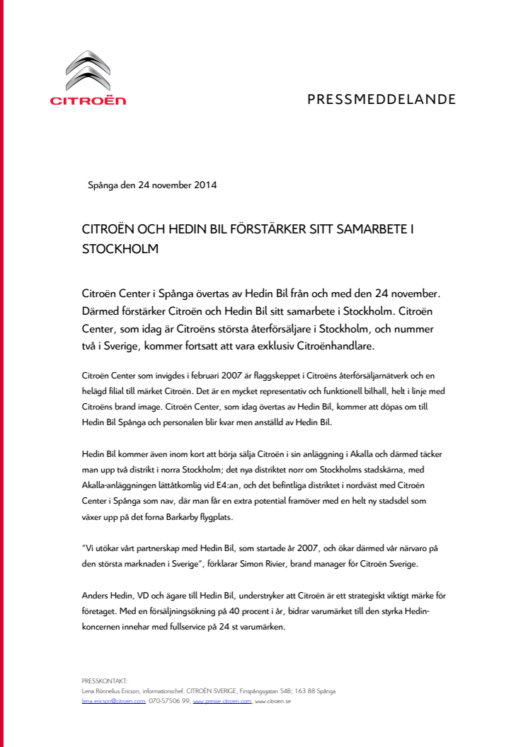 CITROËN OCH HEDIN BIL FÖRSTÄRKER SITT SAMARBETE I STOCKHOLM