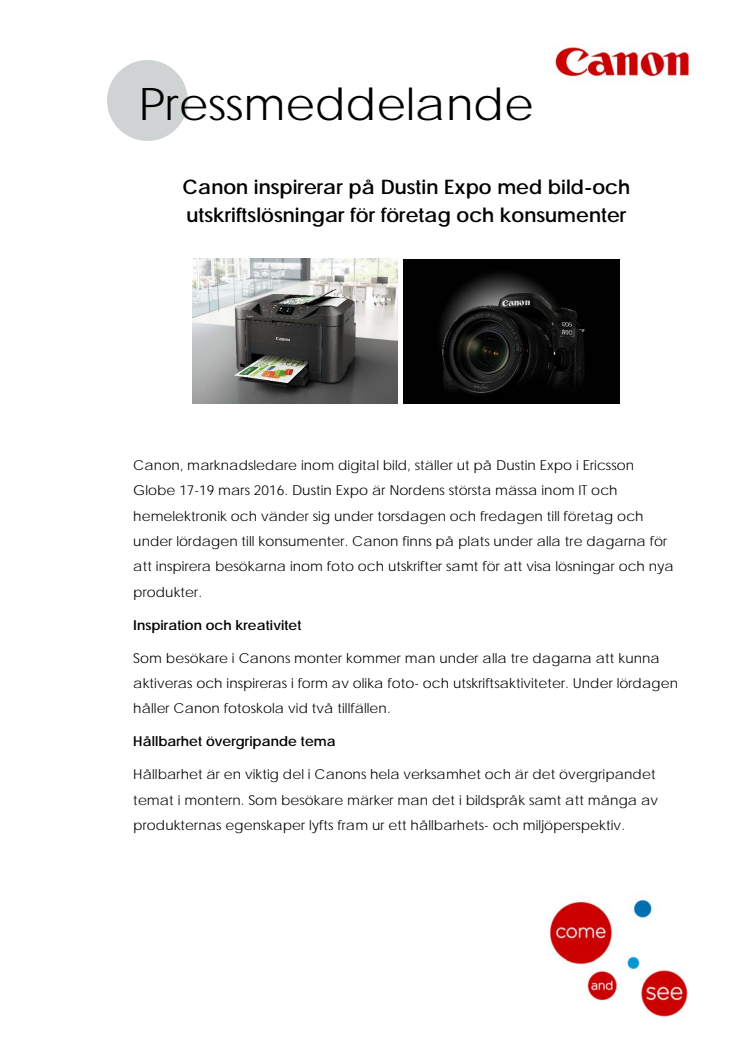 Canon inspirerar på Dustin Expo med bild-och utskriftslösningar för företag och konsumenter