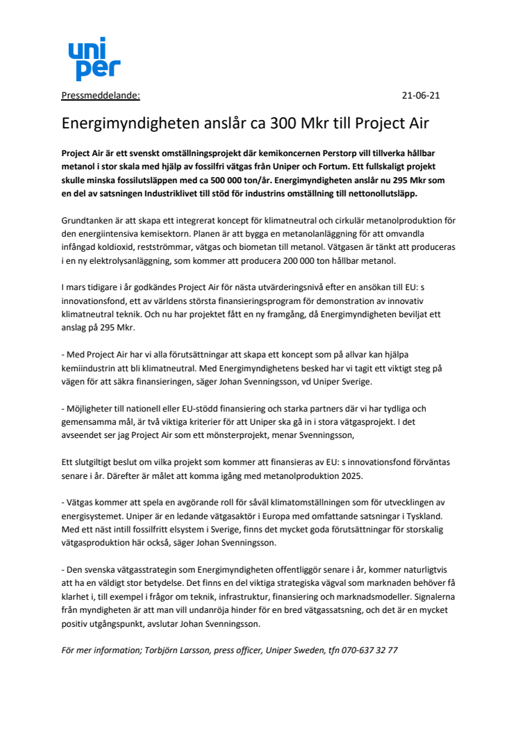 Energimyndigheten anslår ca 300 Mkr till Project Air