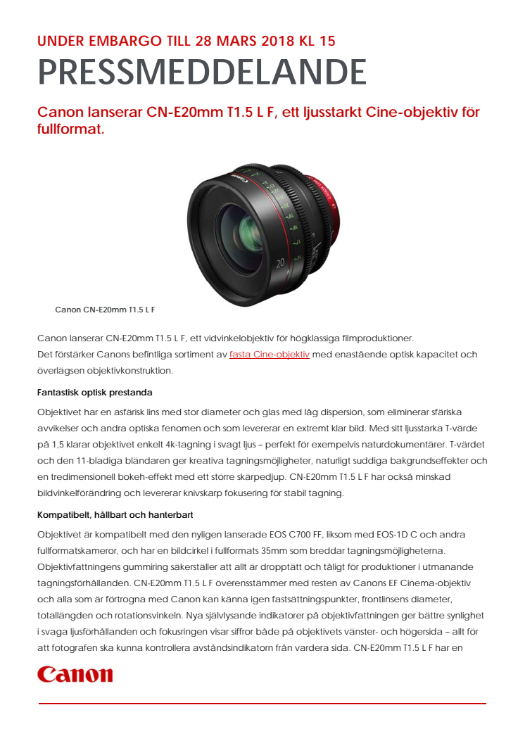 Canon lanserar CN-E20mm T1.5 L F, ett ljusstarkt Cine-objektiv för fullformat.