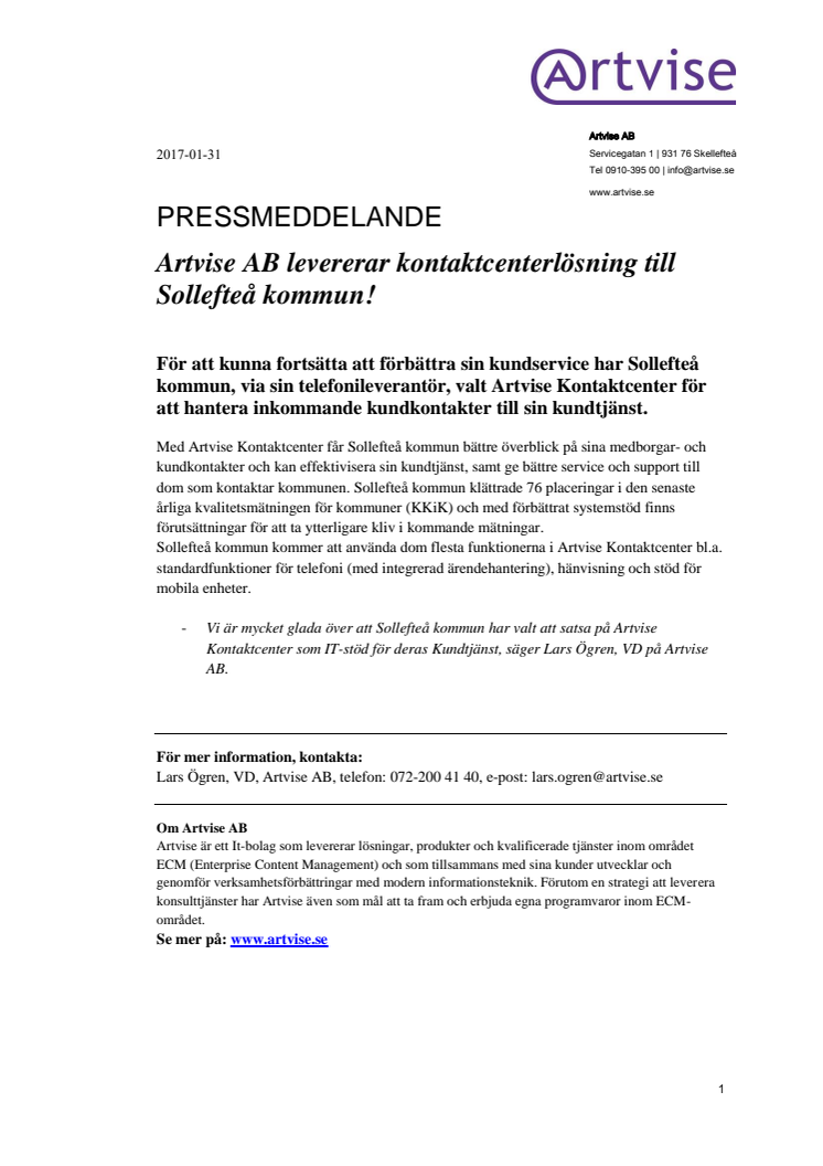 Artvise AB levererar kontaktcenterlösning till Sollefteå kommun!